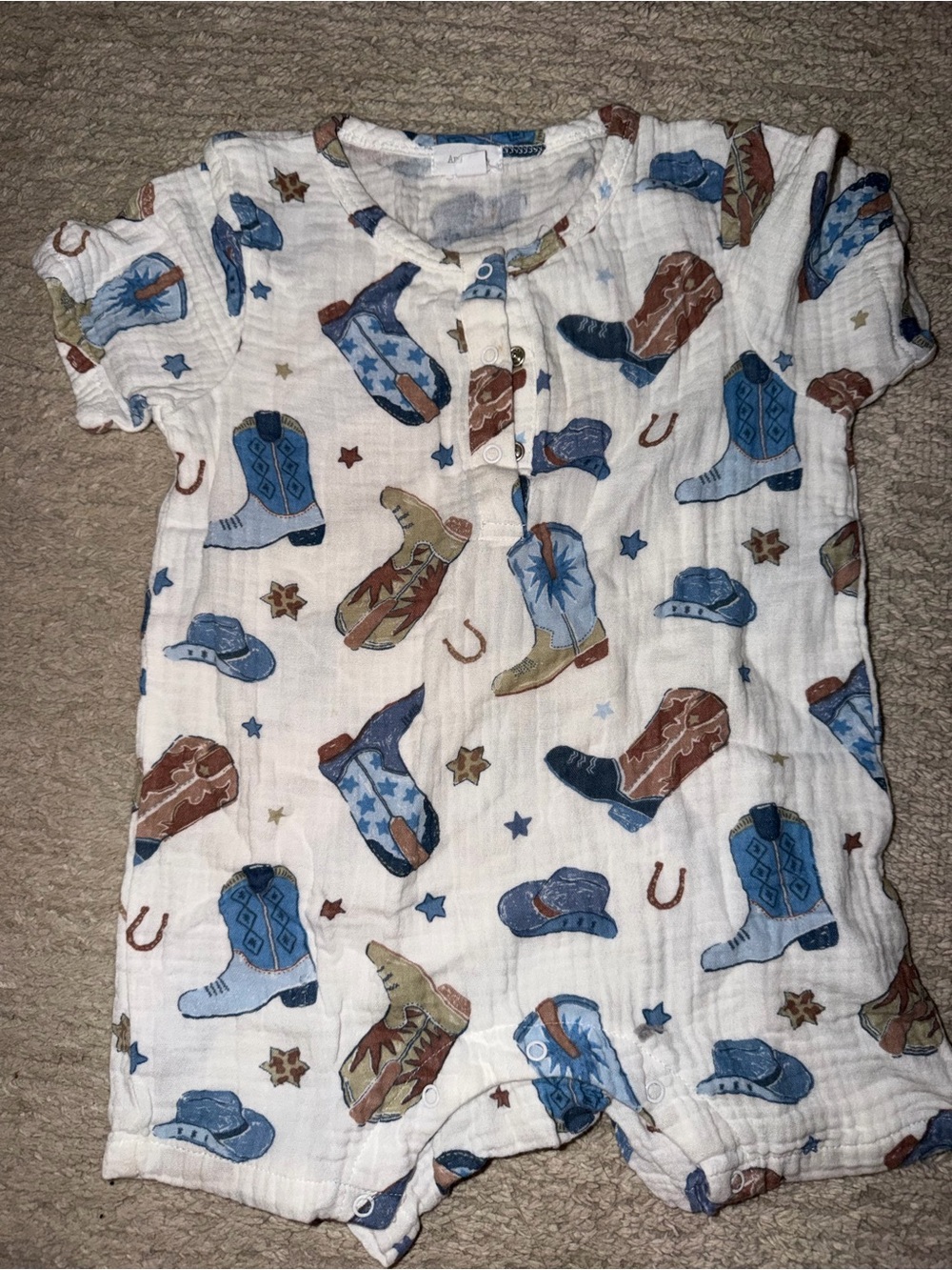 Angel Dear White Romper with Blue and Brown Cowboy Motifs